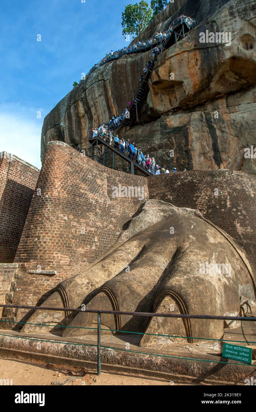 A view from the ancient Lion Platform at Sigiriya Rock Fortress at Sigiriya in central Sri Lanka looking towards the rocks summit. Stock Photo