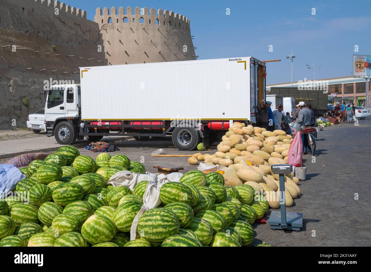 BUKHARA, UZBEKISTAN - SEPTEMBER 09, 2022: Sale of watermelons and