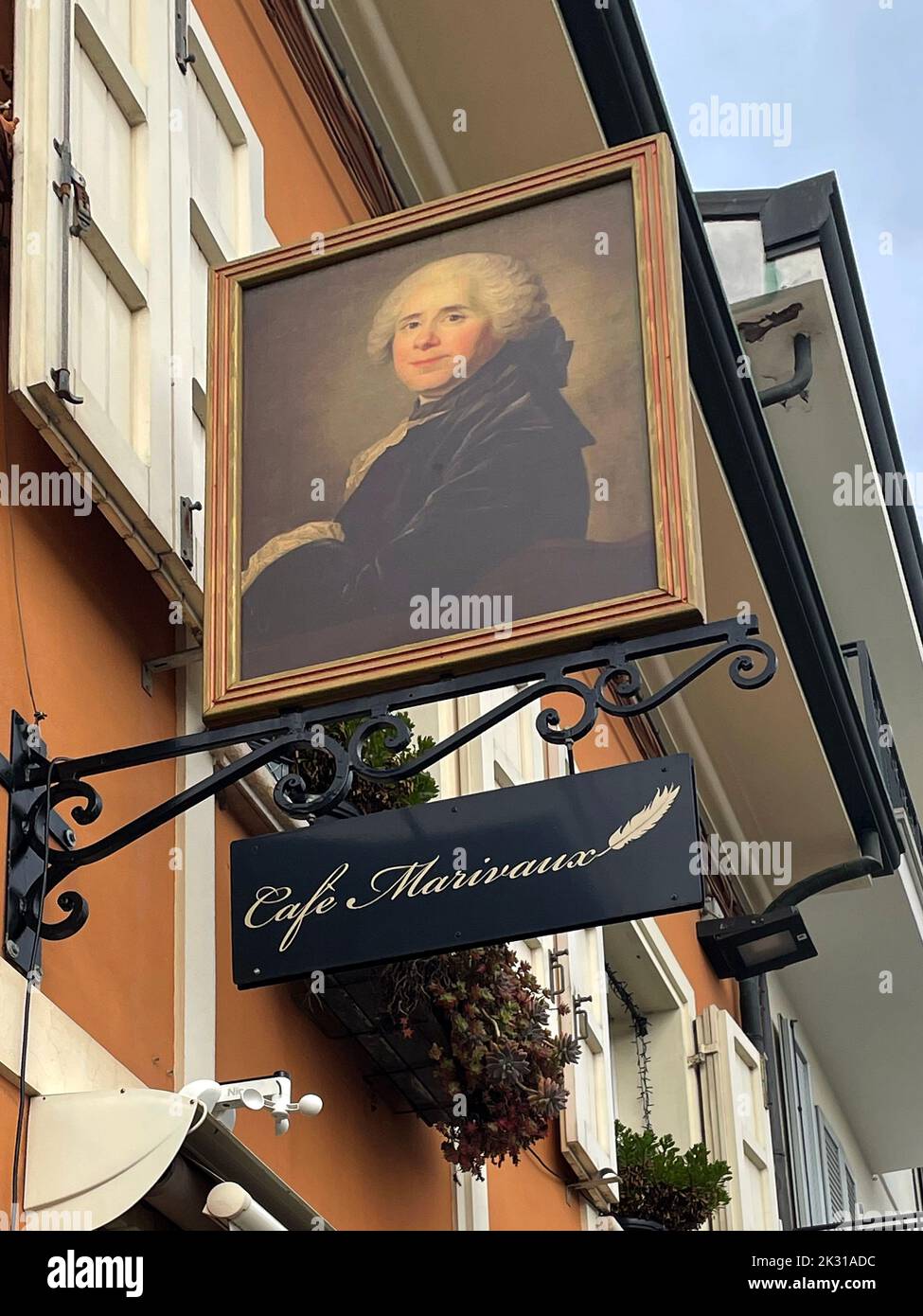 Cesenatico, Italy. Cafe bearing the name of the French author Pierre de Marivaux. Stock Photo