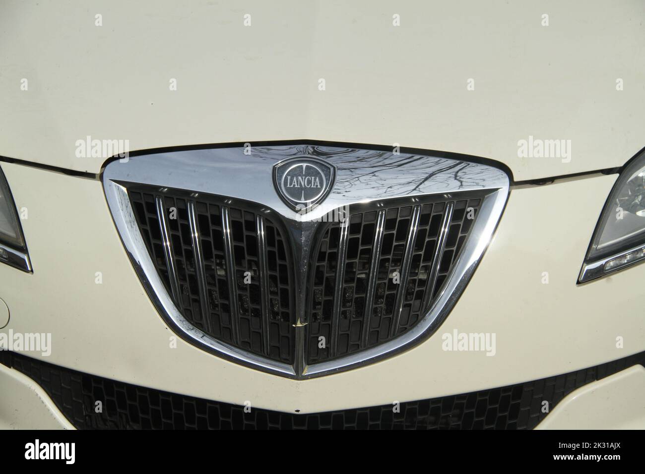 Front of a Lancia vehicle, with the logo/ symbol on it. Stock Photo