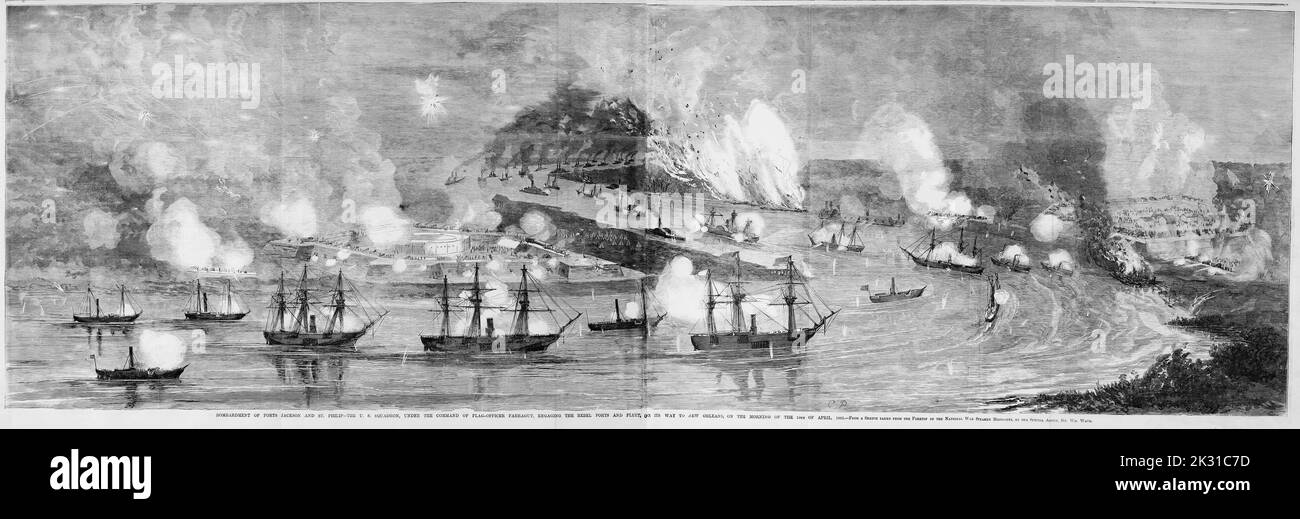 Bombardment of Forts Jackson and St. Philip - The U. S. Squadron, under the command of flag officer David Glasgow Farragut, engaging the Rebel forts and fleet, on its way to New Orleans, on the morning of April 24th, 1862. 19th century American Civil War illustration from Frank Leslie's Illustrated Newspaper Stock Photo