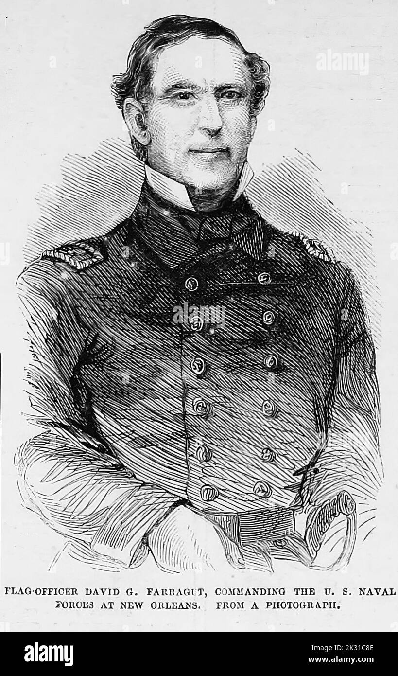 Portrait of flag officer David Glasgow Farragut, commanding the U. S. Naval forces at New Orleans. 1862. 19th century American Civil War illustration from Frank Leslie's Illustrated Newspaper Stock Photo