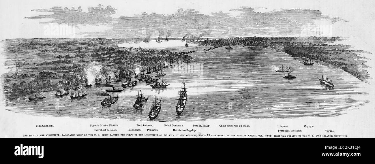 The War on the Mississippi - Panoramic view of the U. S. Fleet passing the Forts of the Mississippi on its way to New Orleans, Louisiana, April 19th, 1862. 19th century American Civil War illustration from Frank Leslie's Illustrated Newspaper Stock Photo