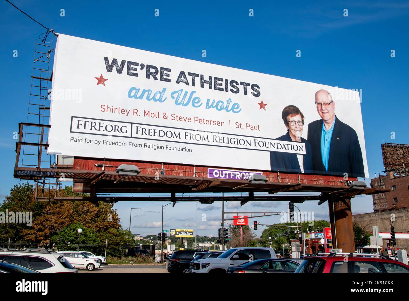 St. Paul, Minnesota. Billboard saying that atheists also vote to. Stock Photo