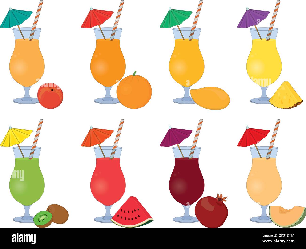 Fresh juice cocktails collection in high glass with drinking straw and