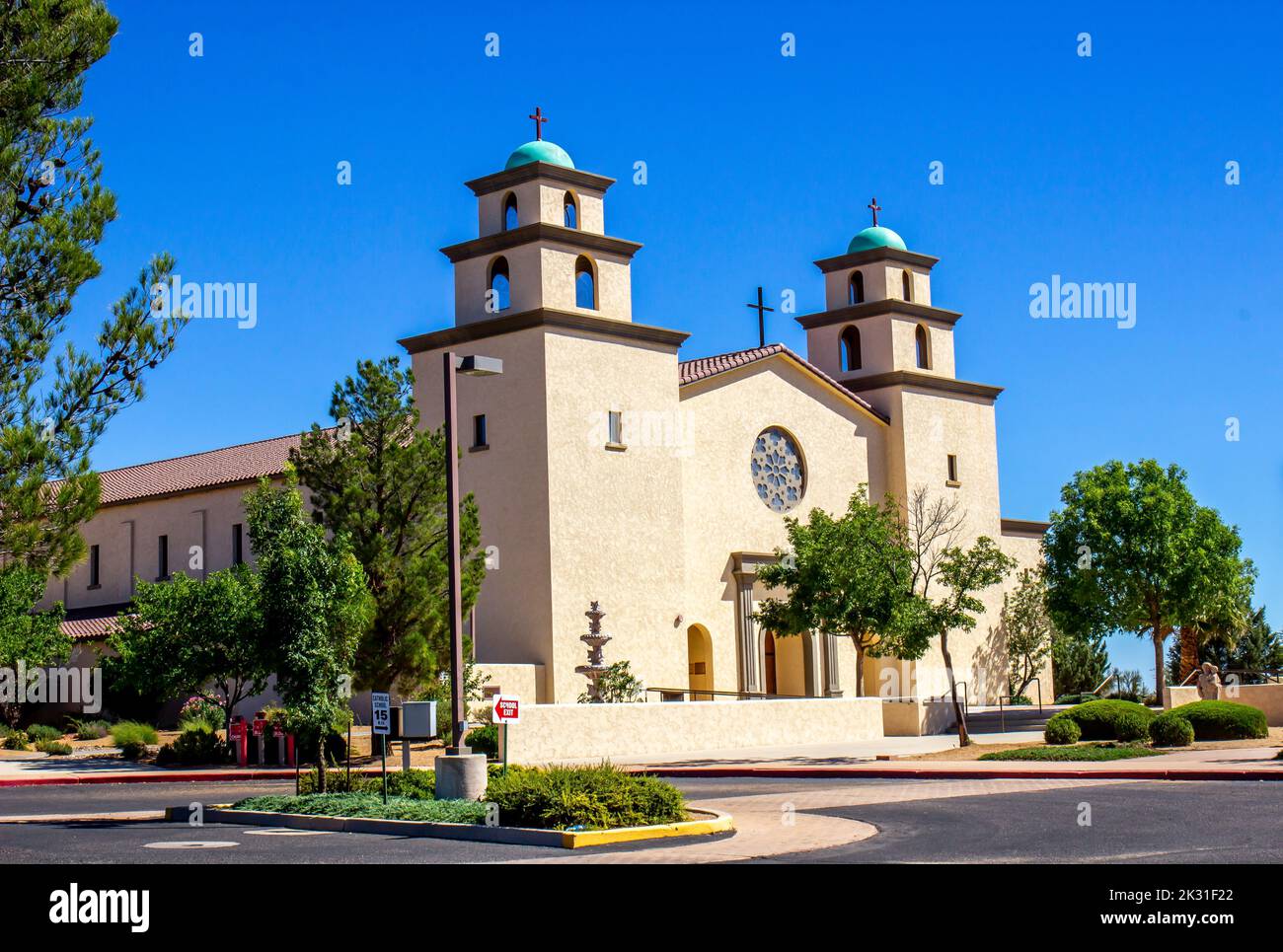 Front Of Catholic Church With Two Belfries Stock Photo