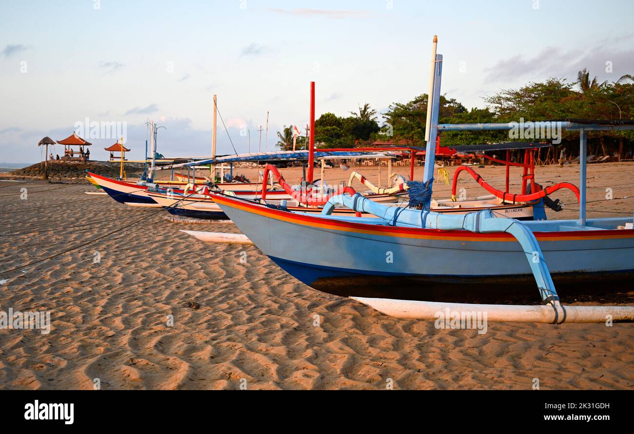 Sanur Beach & Boats at low tide in Early Morning, Bali, Indonesia Stock Photo