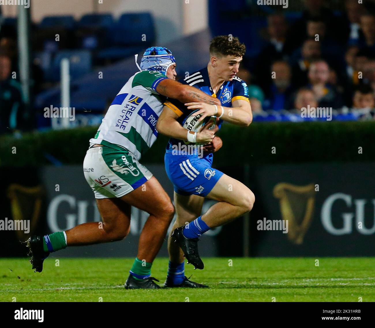 RDS Arena, Ballsbridge, Dublin, Ireland. 23rd Sep, 2022. United Rugby Championships, Leinster v Benetton; Cormac Foley of Leinster is tackled by Gianmarco Lucchesi of Benetton Credit: Action Plus Sports/Alamy Live News Stock Photo