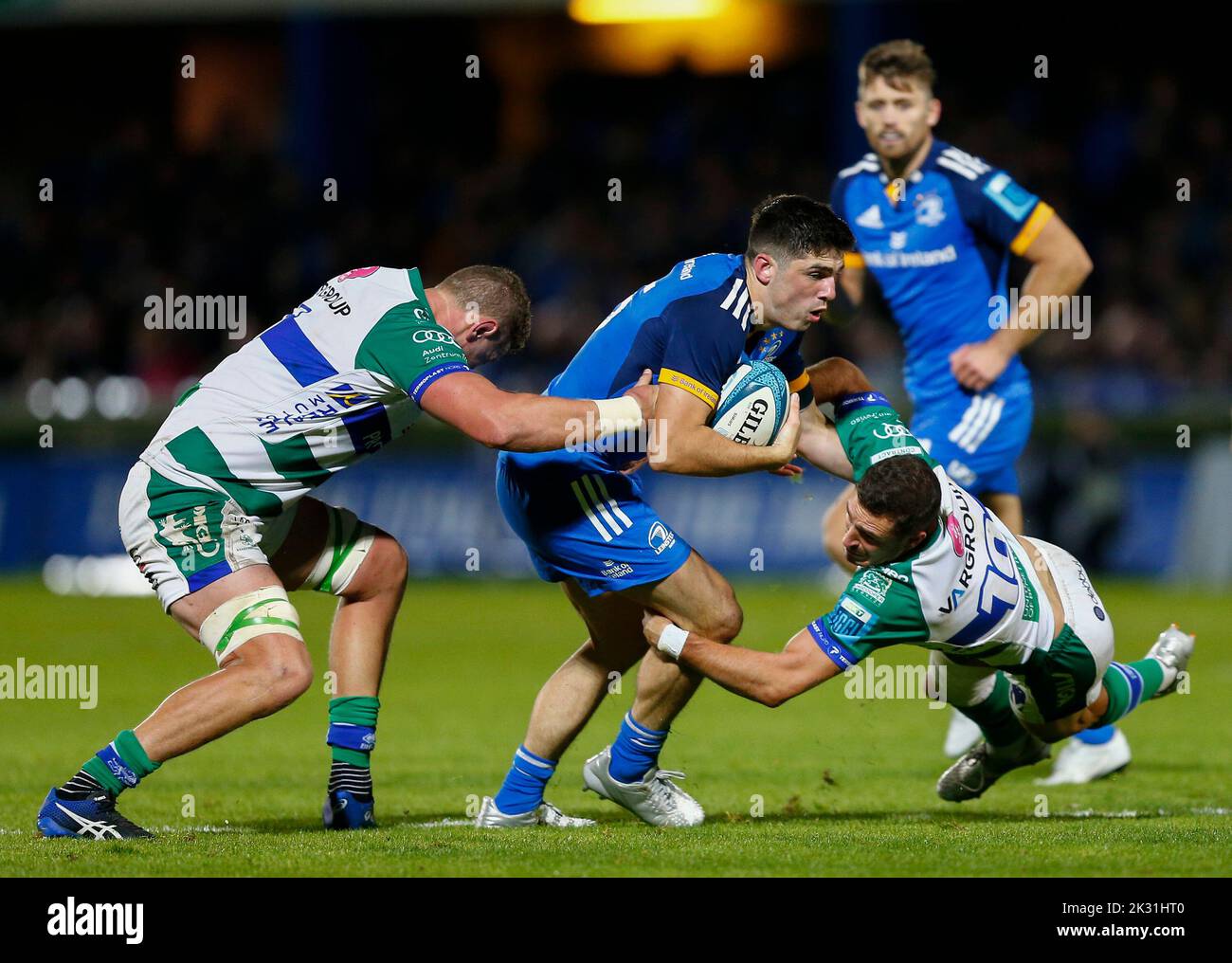 RDS Arena, Ballsbridge, Dublin, Ireland. 23rd Sep, 2022. United Rugby Championships, Leinster v Benetton; Jimmy O'Brien of Leinster is tackled by Scott Scrafton and Giacomo Da Re of Benetton Credit: Action Plus Sports/Alamy Live News Stock Photo