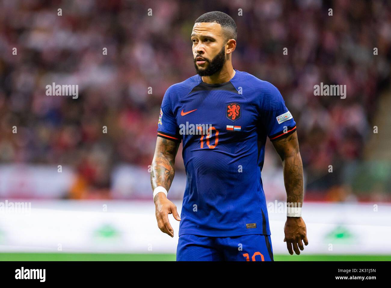 Warsaw, Poland. 22nd Sep, 2022. Memphis Depay of Netherlands seen in action during the UEFA Nations League, League A Group 4 match between Poland and Netherlands at PGE National Stadium. Final score; Poland 0:2 Netherlands. (Photo by Mikolaj Barbanell/SOPA Images/Sipa USA) Credit: Sipa USA/Alamy Live News Stock Photo