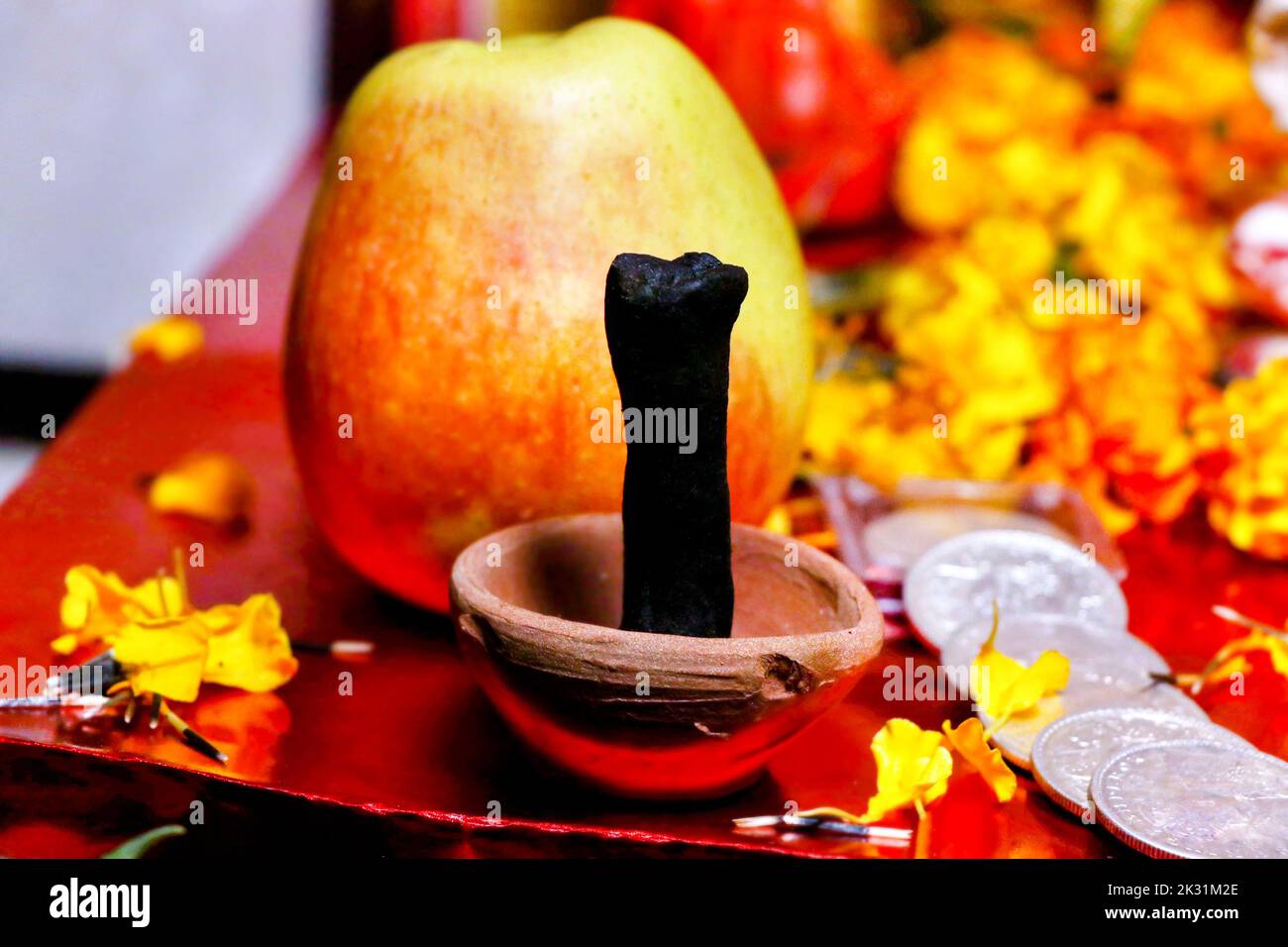 Prayer Items Pooja Material / Puja Sahitya in Hindu Religion from India, arranged in a group. selective focus Stock Photo