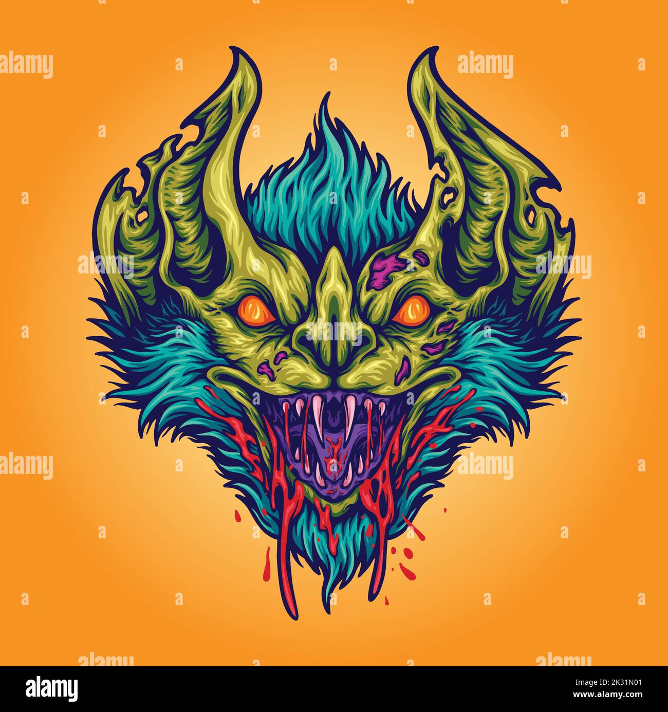 Scary bat head monster illustration vector illustrations for your work logo, merchandise t-shirt, stickers and label designs, poster, greeting cards Stock Vector