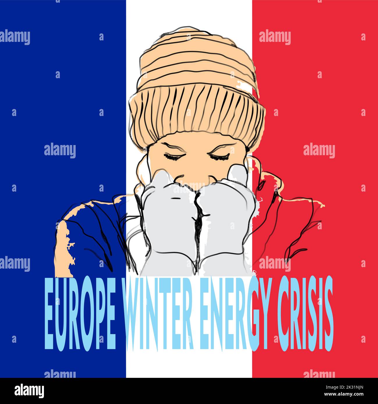 Hand drawn illustration of a cold person on a France flag background