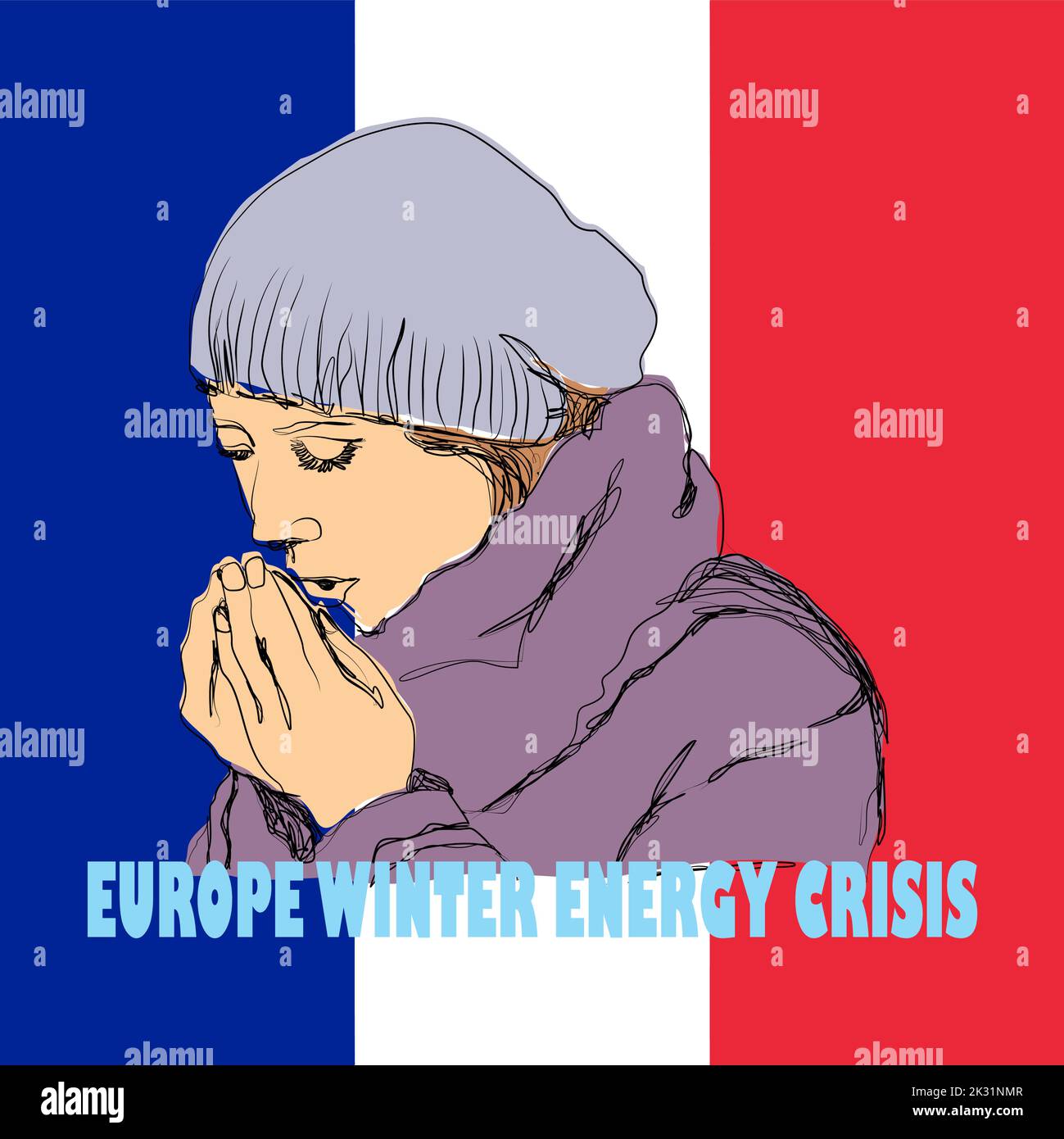 Hand drawn illustration of a cold person on a France flag background