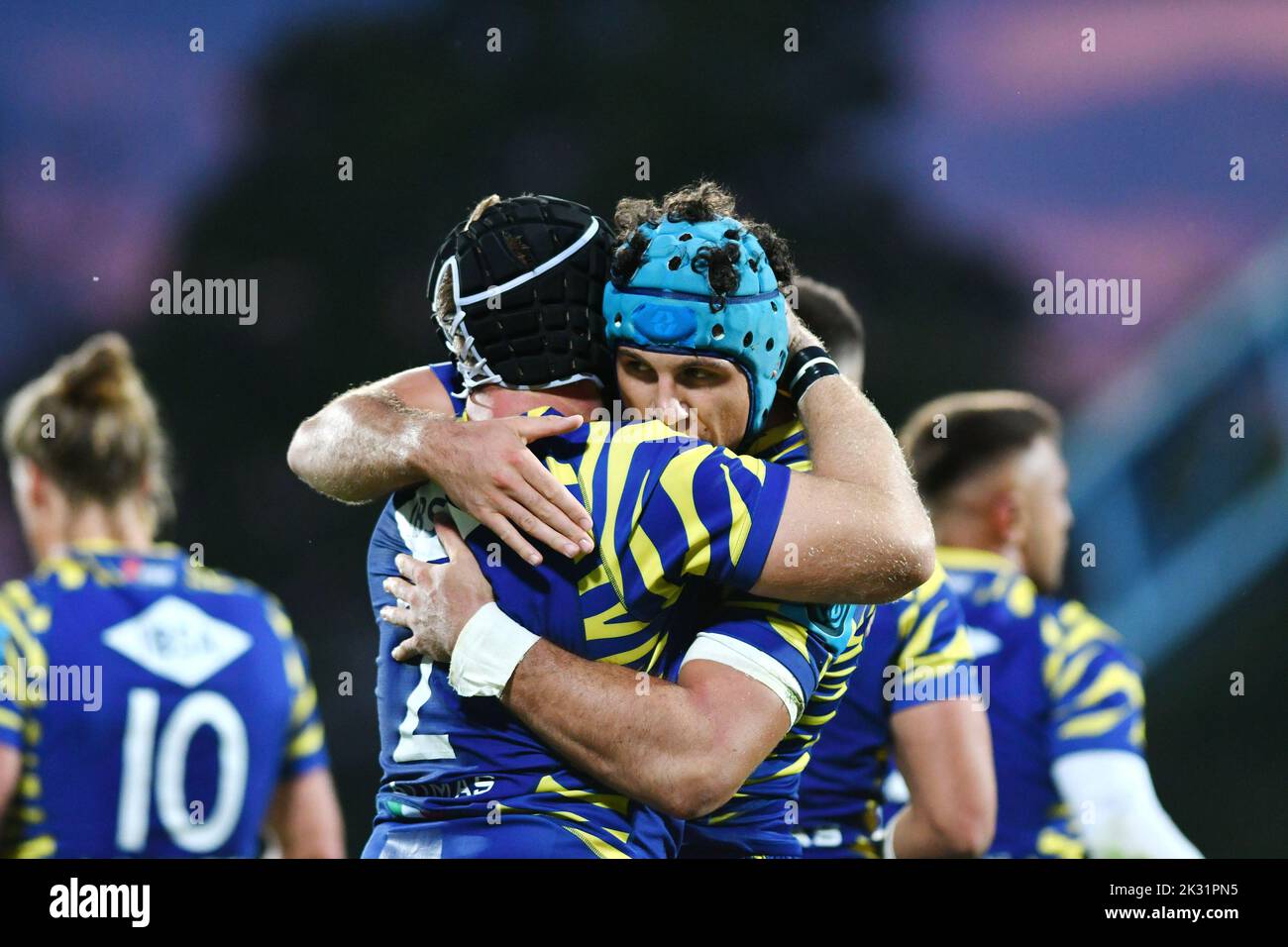 Sergio Lanfranchi stadium, Parma, Italy, September 23, 2022, an hug between Luca Bigi and Luca Andreani (Zbre)  during  Zebre Rugby vs Sharks - United Stock Photo