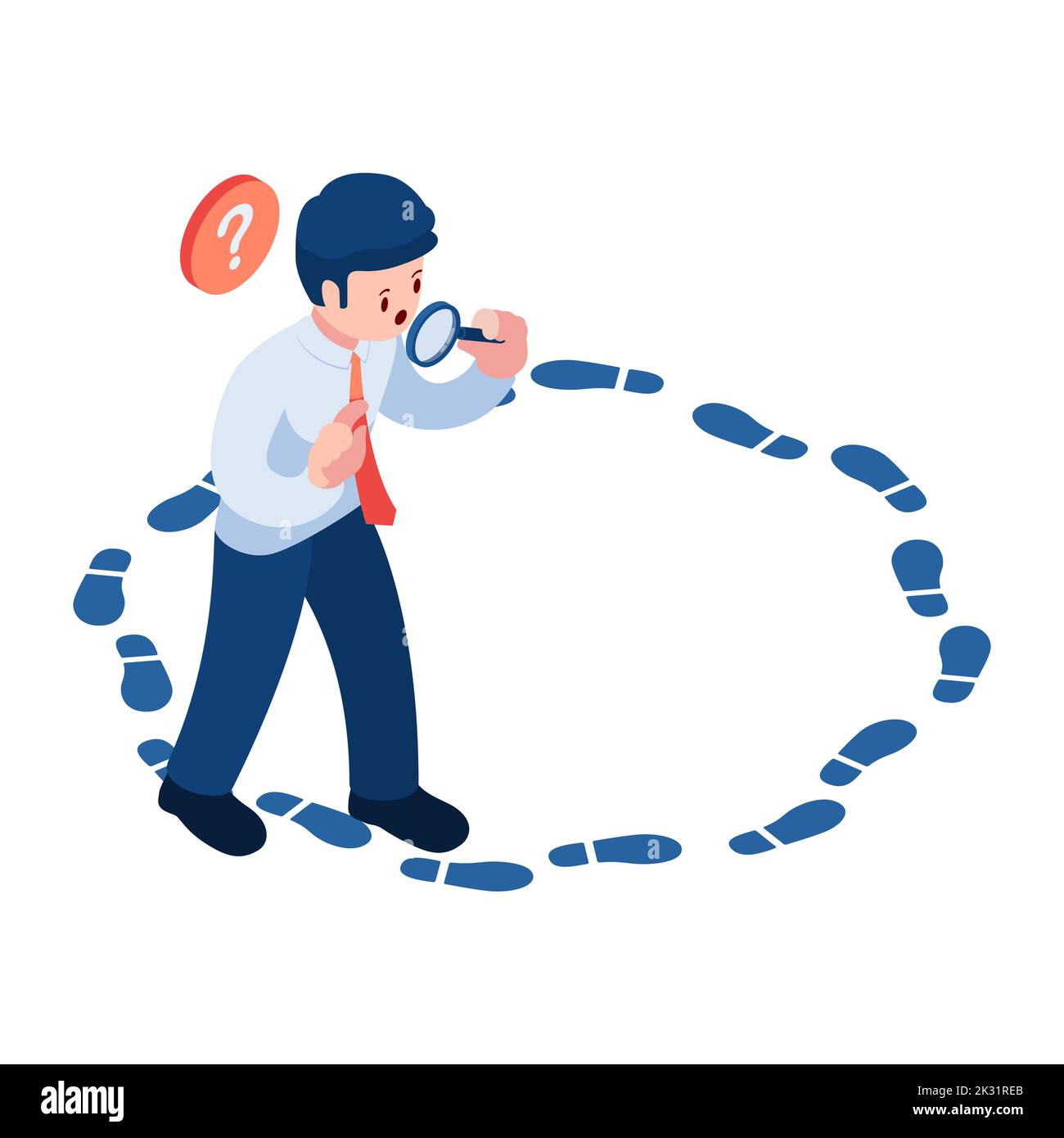 Flat 3d Isometric Businessman with Magnifying Glass Analyze Circle Footstep. Loop Routine Job and Dead-End Job Concept. Stock Vector