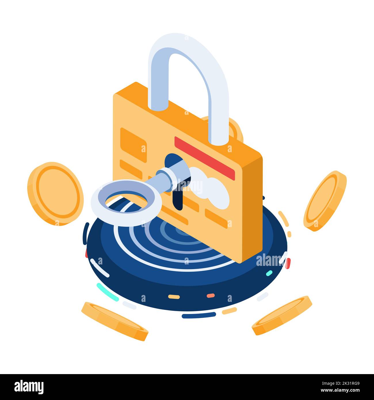 Flat 3d Isometric Credit Card Protected by Key and Lock. Financial Security Concept. Stock Vector