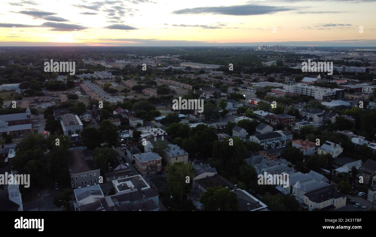 An Aerial View Of The Coastal City Of Savannah In Georgia In A Colorful