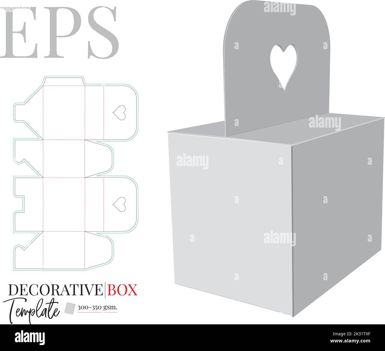 Box with handle heart, template with die cut, laser cut layers. Decorative box, vector. White