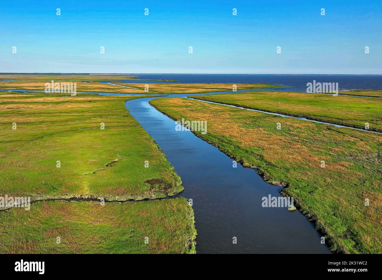 Aerial View of the Delaware Bay and Surrounding Marshes in New Jersey Stock Photo
