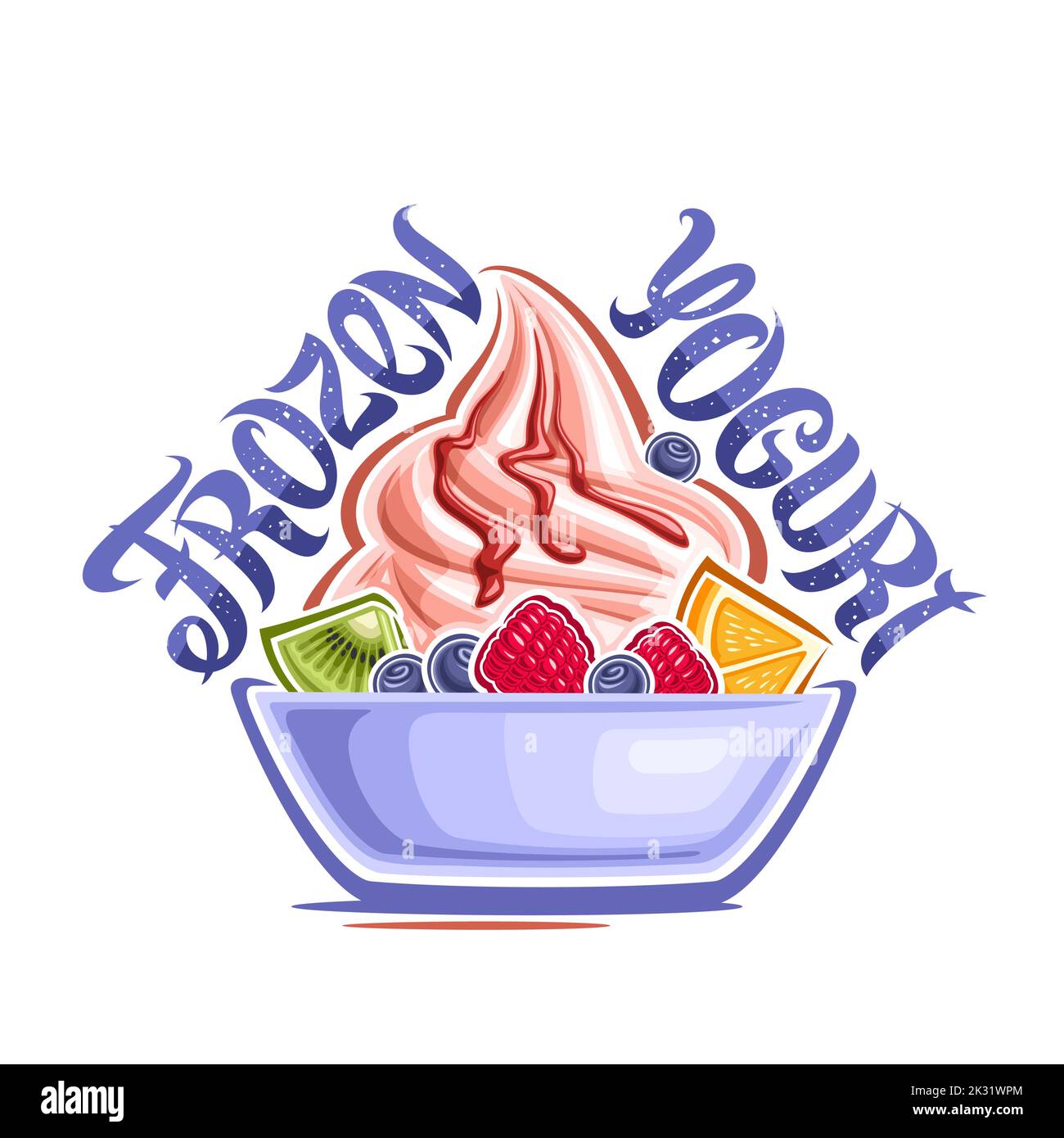 Vector logo for Frozen Yogurt, decorative label with illustration of spiral strawberry ice cream with fresh fruits in blue dish, unique lettering for Stock Vector