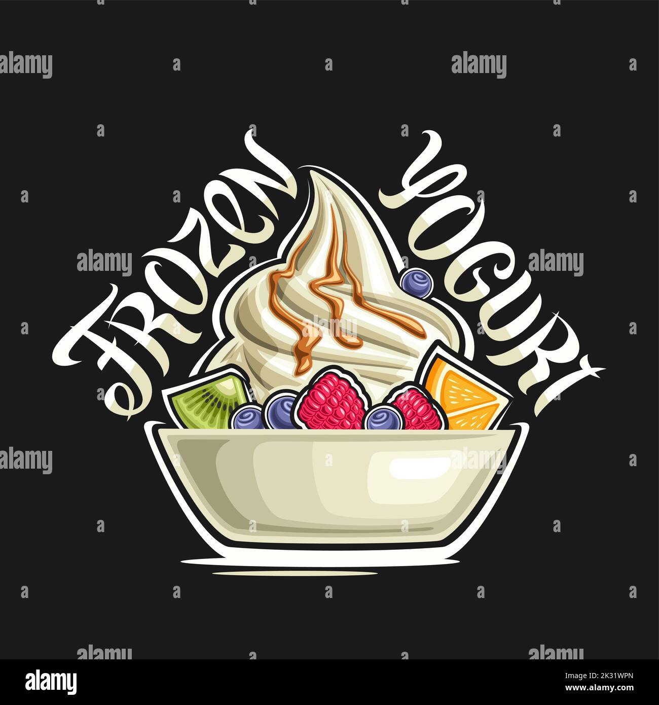 Vector logo for Frozen Yogurt, decorative poster with illustration of spiral vanilla ice cream with fresh fruits in white plate, unique brush letterin Stock Vector