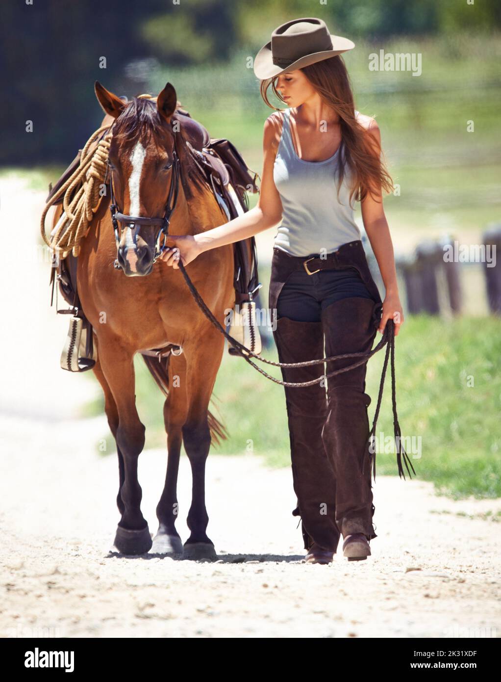 Loving the outdoors. A gorgeous cowgirl leading her horse along a country lane. Stock Photo