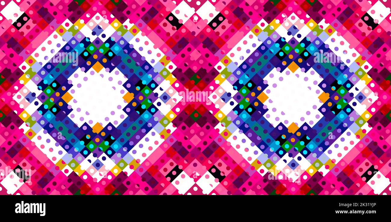 Whimsical geometric pixel pattern. Playful fun kaleidoscopic pink ...