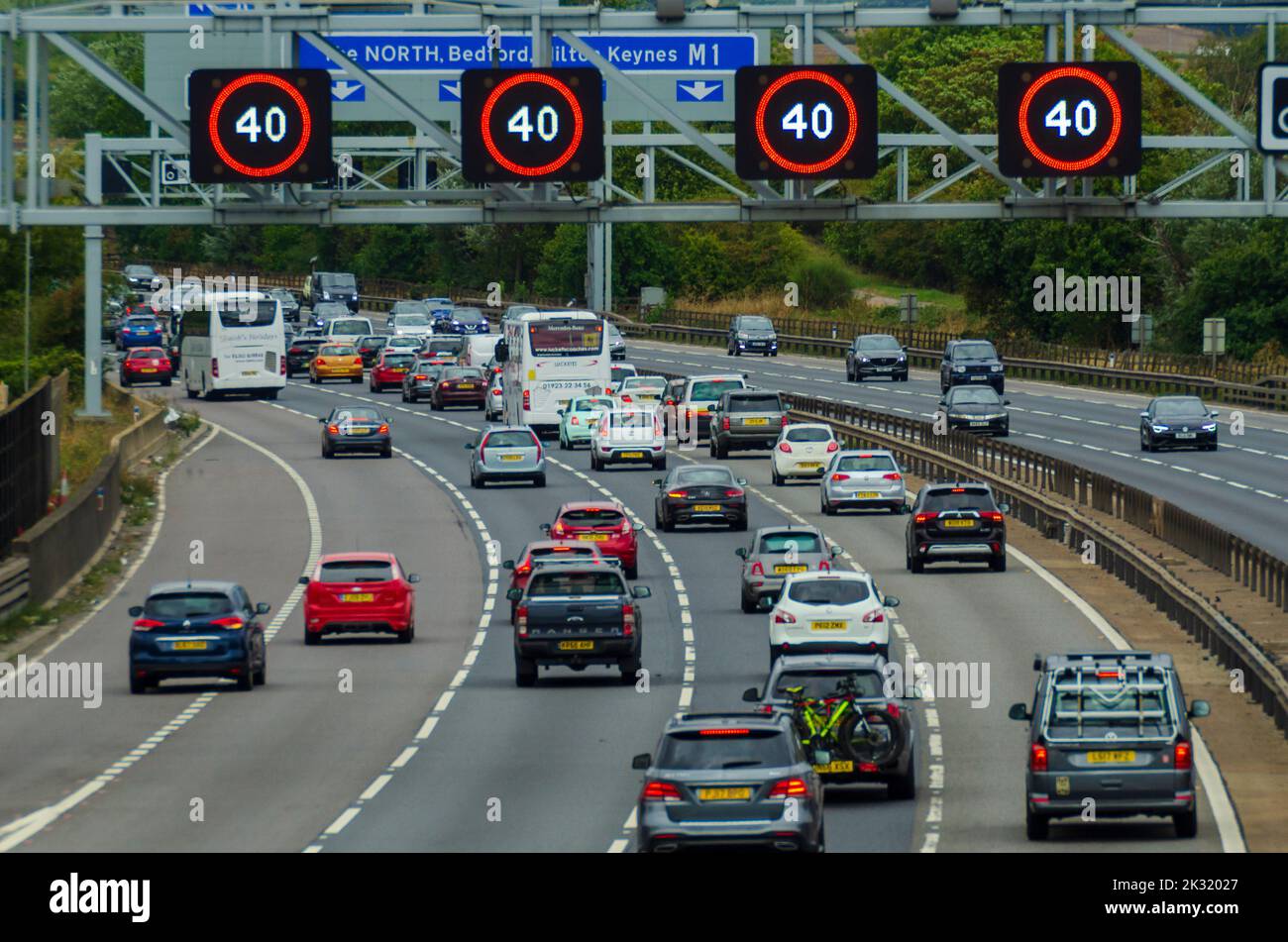 TODDINGTON, ENGLAND, UK 04 September 2022 Traffic on the M1 'Smart' Motorway near Toddington