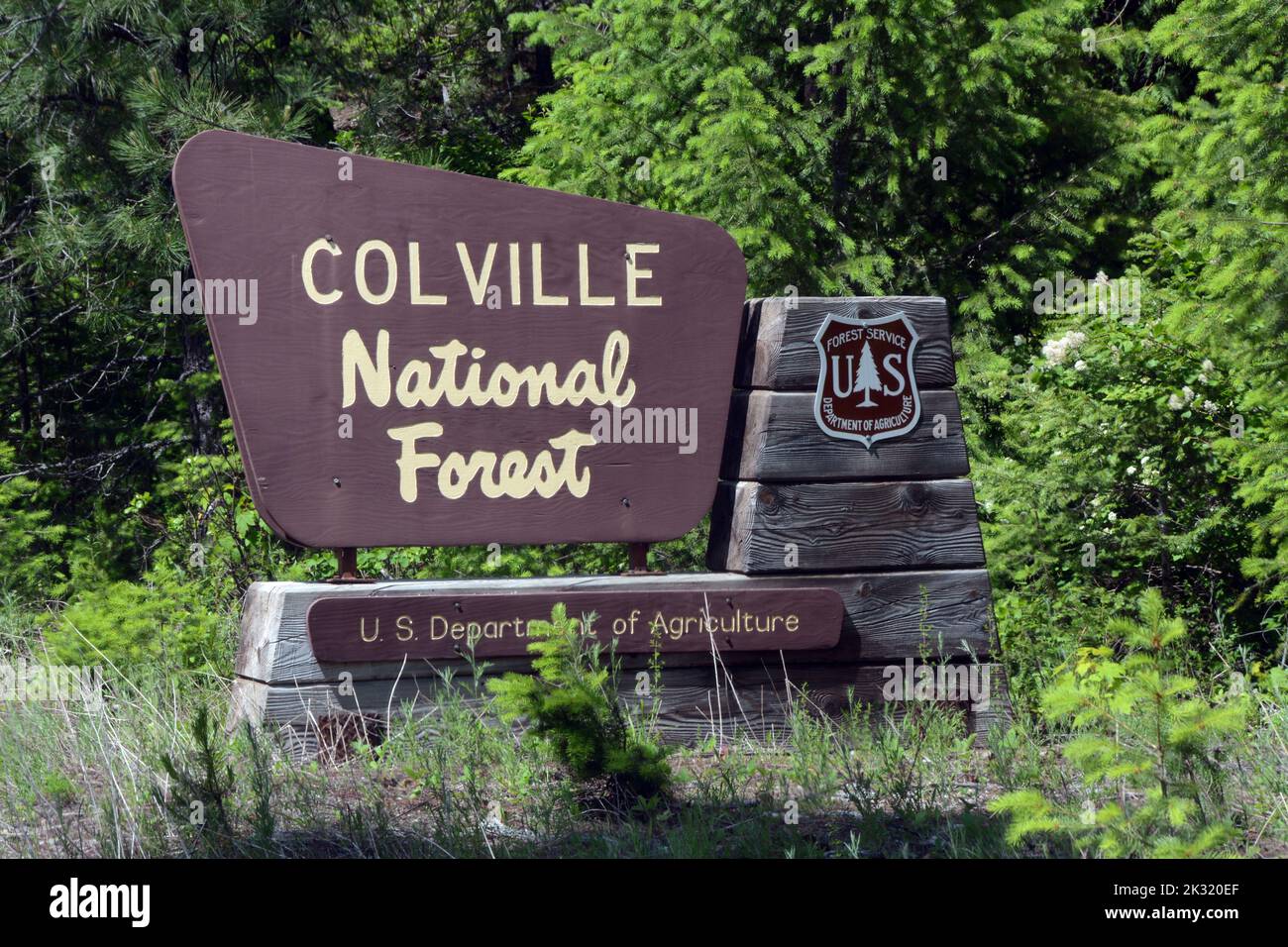 A road sign for the Colville National Forest, in the Selkirk Mountains, near Metaline Falls, northeastern Washington State, United States. Stock Photo