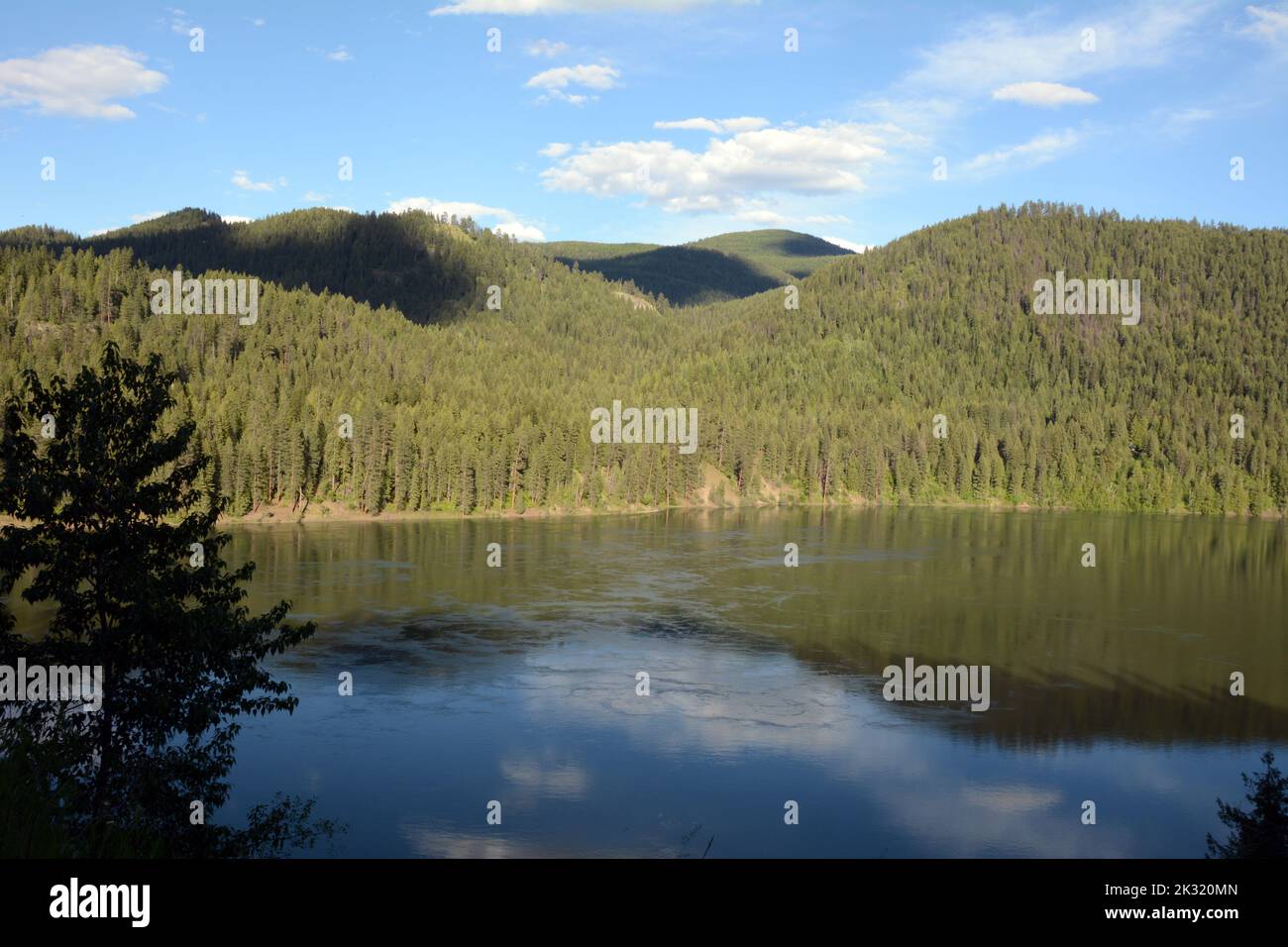 The Pend-Oreille River, a tributary of the Columbia, running through the Colville National Forest in northeastern Washington State, USA. Stock Photo