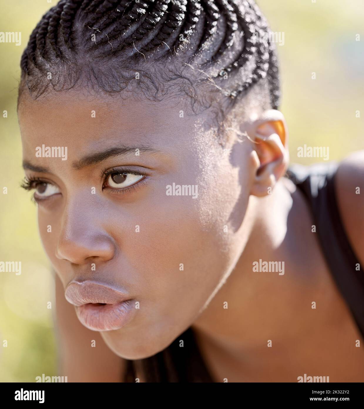 Focus, fitness motivation and black woman face thinking, vision and mindset goal for marathon exercise, running and sports workout outdoor. Athlete Stock Photo