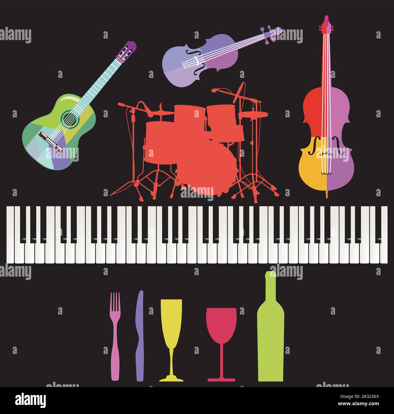 colorful musical instruments with piano and guitar, drums illustration Stock Vector