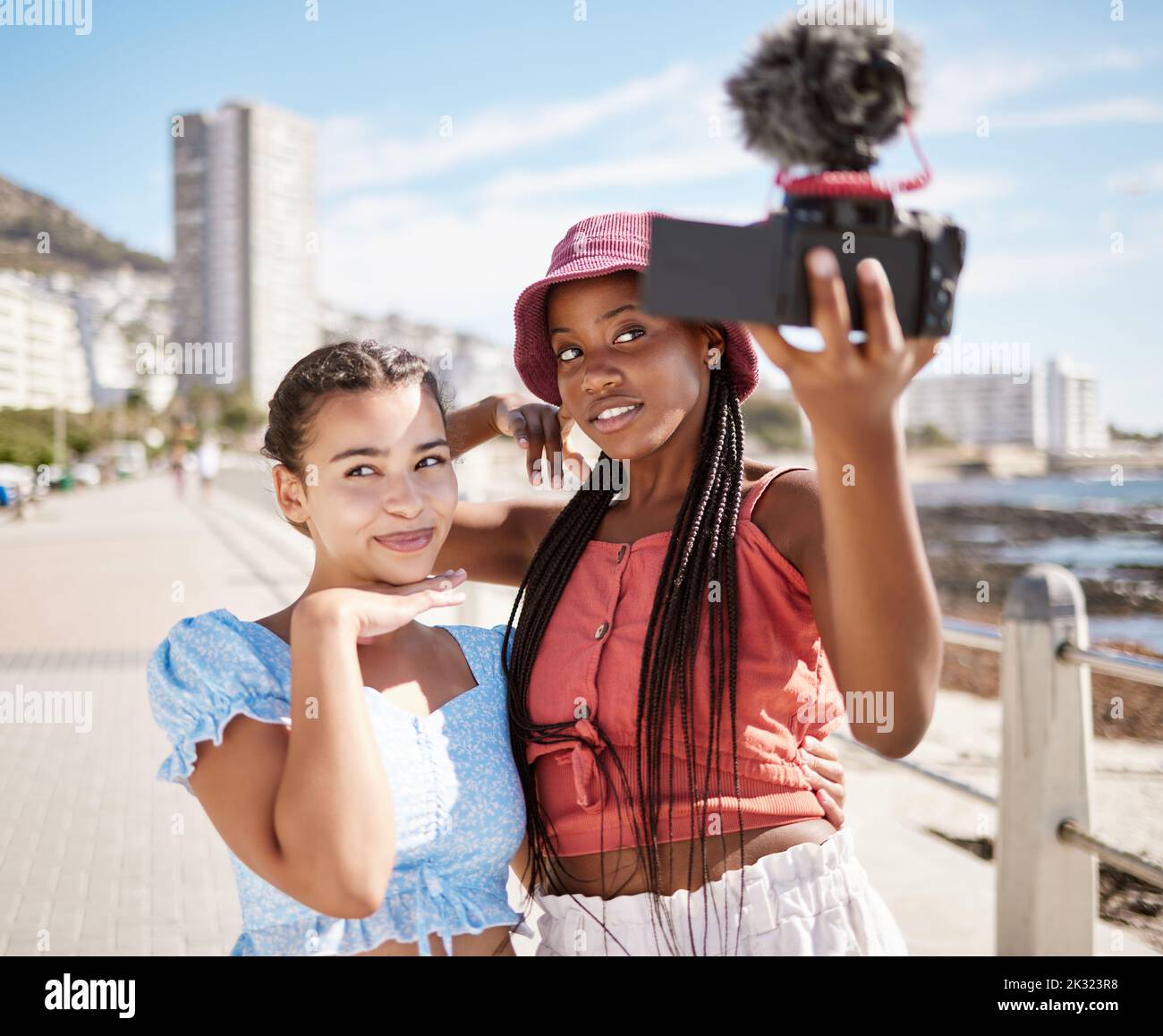 Live streaming holiday, beach travel and friends working on video podcast on international vacation in Miami, selfie with camera and summer content Stock Photo