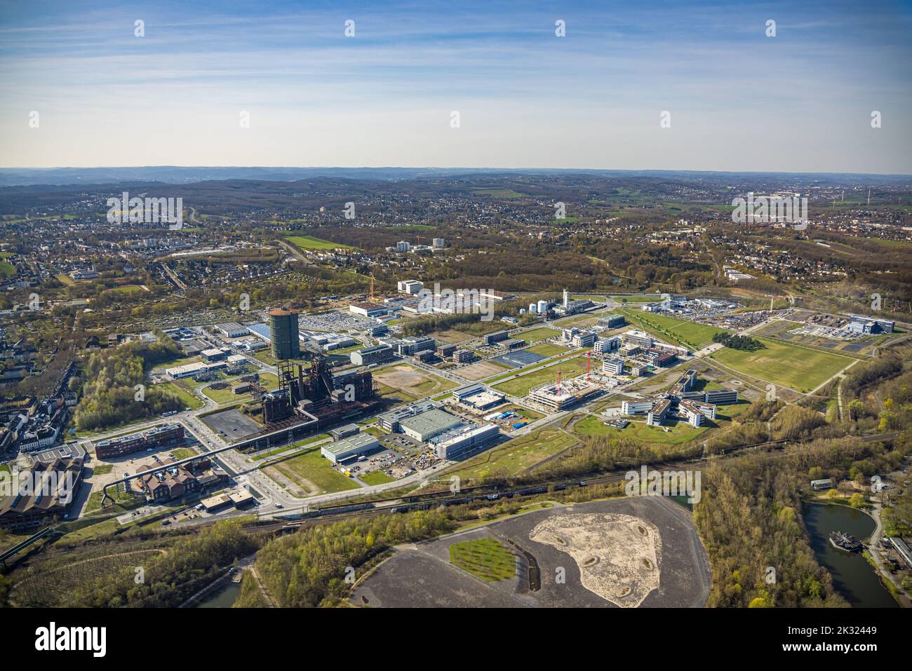 Aerial view, industrial park Phoenix West with gasometer, Hörde, Dortmund, Ruhr area, North Rhine-Westphalia, Germany, DE, Europe, Commercial enterpri Stock Photo