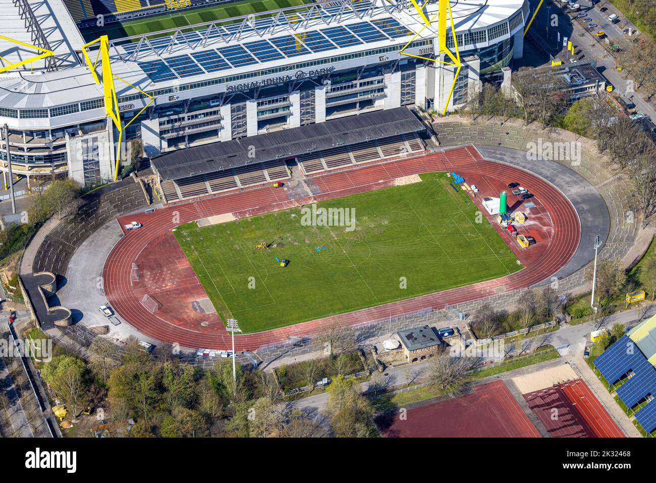 Aerial view, Rote Erde stadium at Signal-Iduna Park soccer stadium, Westfalenhalle, Dortmund, Ruhr area, North Rhine-Westphalia, Germany, BVB 09 Borus Stock Photo