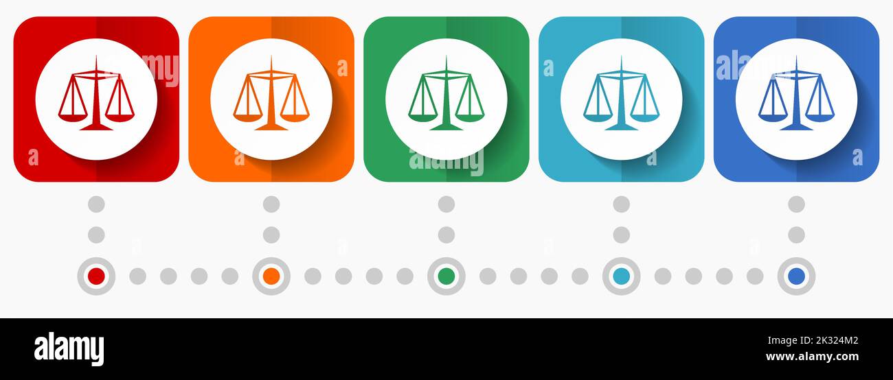 Justice vector icons, infographic template, set of flat design symbols in 5 color options Stock Vector