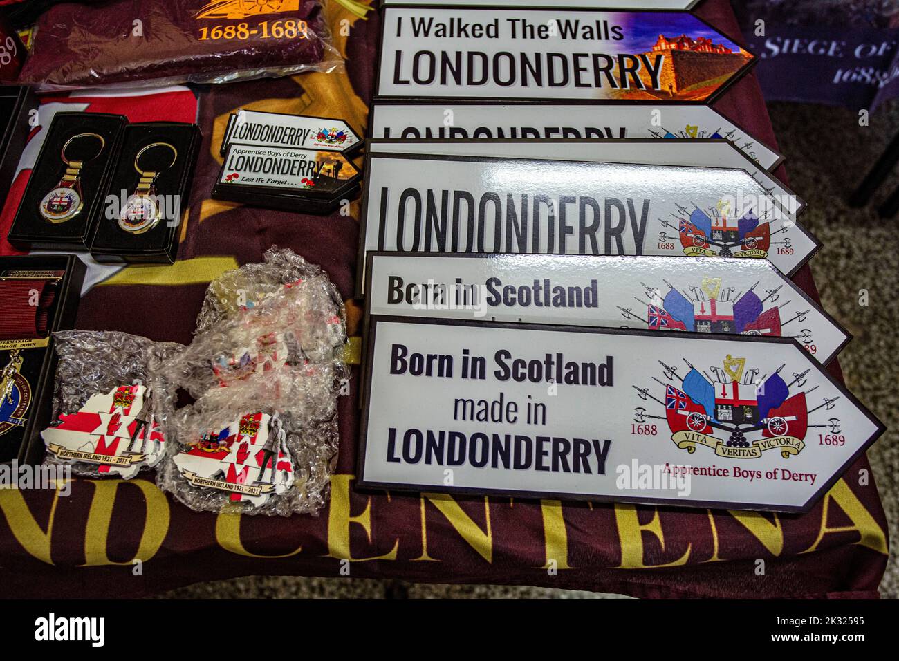 Apprentice Boys inspired gifts and merchandise displayed at the annual Relief of Derry parade, the largest Loyal order parade held in Northern Ireland. Stock Photo