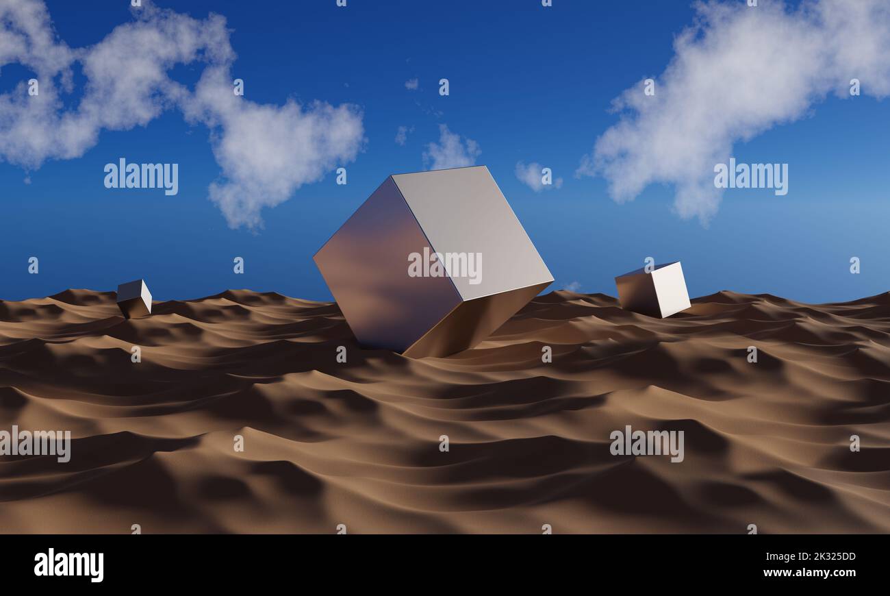 Metal Cube in Desert - Abstract Futuristic 3D Illustration Render Stock ...