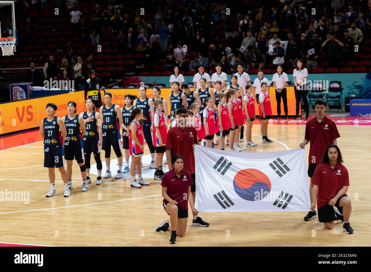 Sydney, Australia. 24th Sep, 2022. Team Korea stand up during national anthem play during the 2022 FIBA Women's Basketball World Cup Group A match between Bosnia and Herzegovina and Korea at Sydney Superdome, on September 24, 2022, in Sydney, Australia.  IMAGE RESTRICTED TO EDITORIAL USE - STRICTLY NO COMMERCIAL USE Credit: Izhar Ahmed Khan/Alamy Live News/Alamy Live News Stock Photo