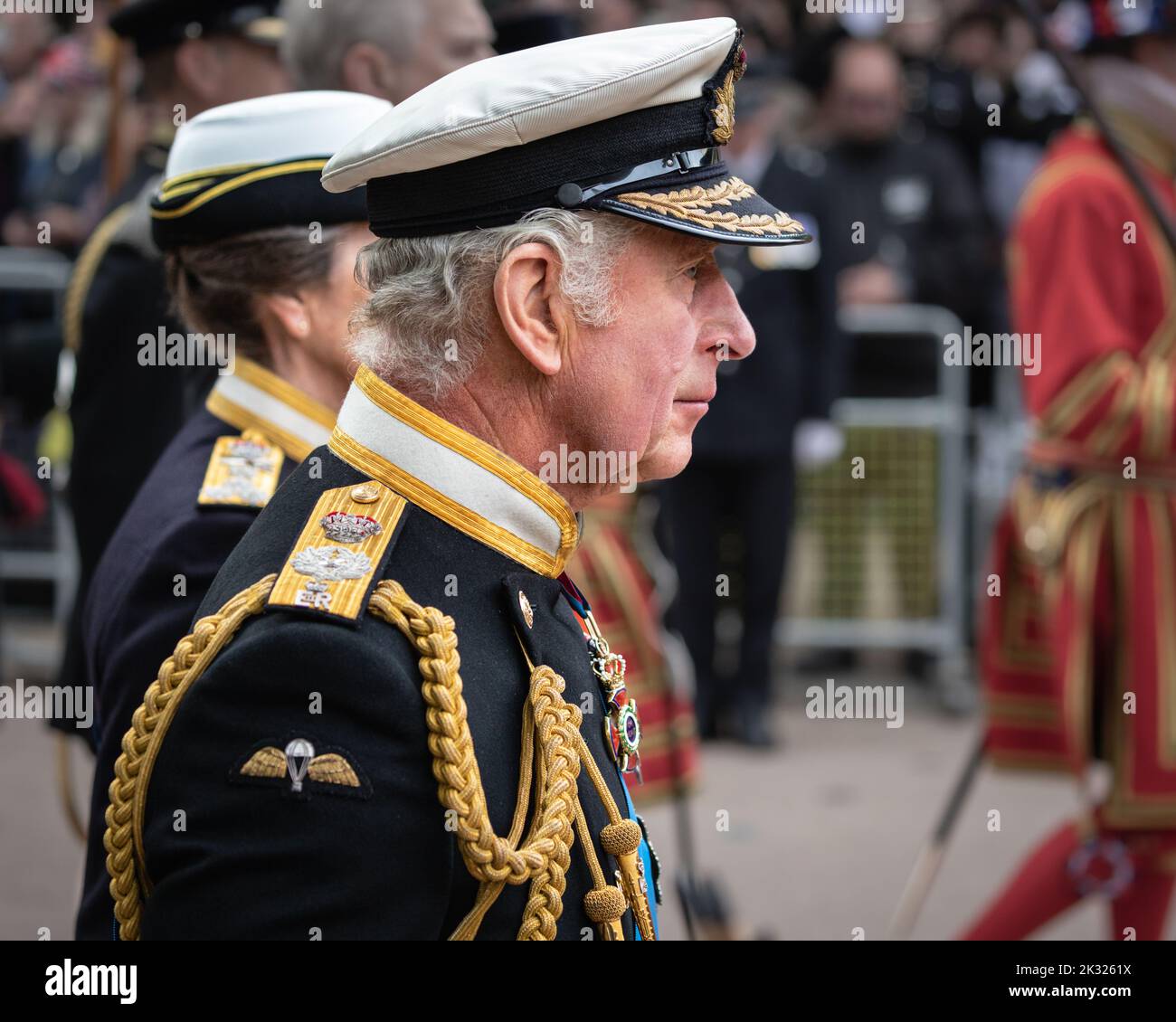 King Charles III, the  monarch in close up profile walks in Queen Elizabeth II funeral procession in London, England, United Kingdom Stock Photo