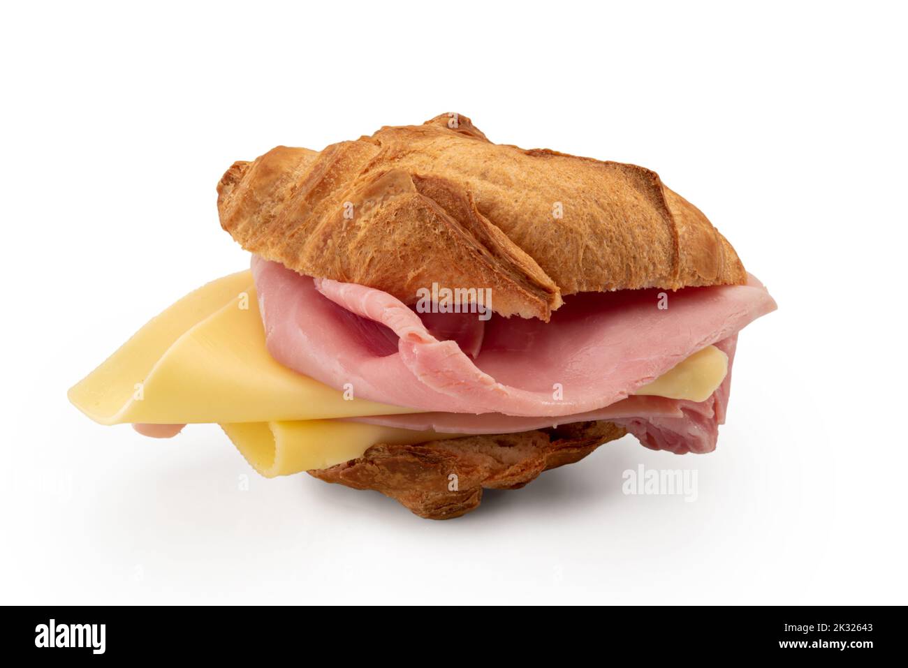 Croissant sandwich with ham and cheese, puff bread with edamer and ham slices isolated on white, clipping path Stock Photo