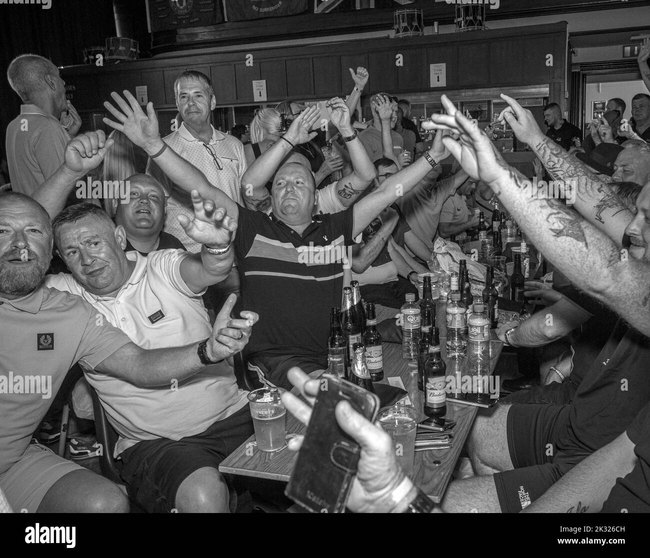 Apprentice Boys celebrate before the annual Relief of Derry parade, at headquarters of the Apprentice Boys of Derry , Northern Ireland. Stock Photo