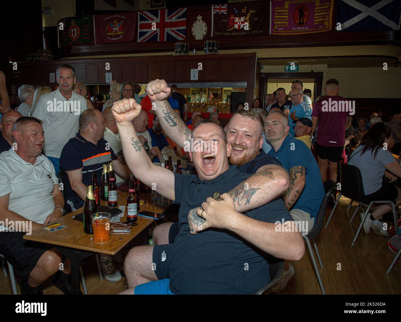 Apprentice Boys celebrate before the annual Relief of Derry parade, at headquarters of the Apprentice Boys of Derry , Northern Ireland. Stock Photo