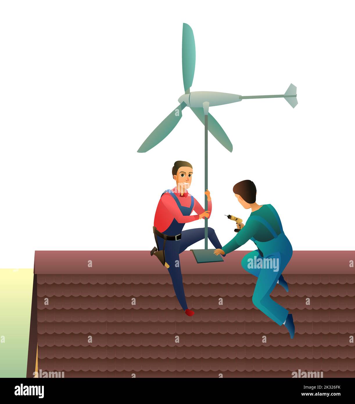 Workers work on roof. Two working windmills on roof. Electricity