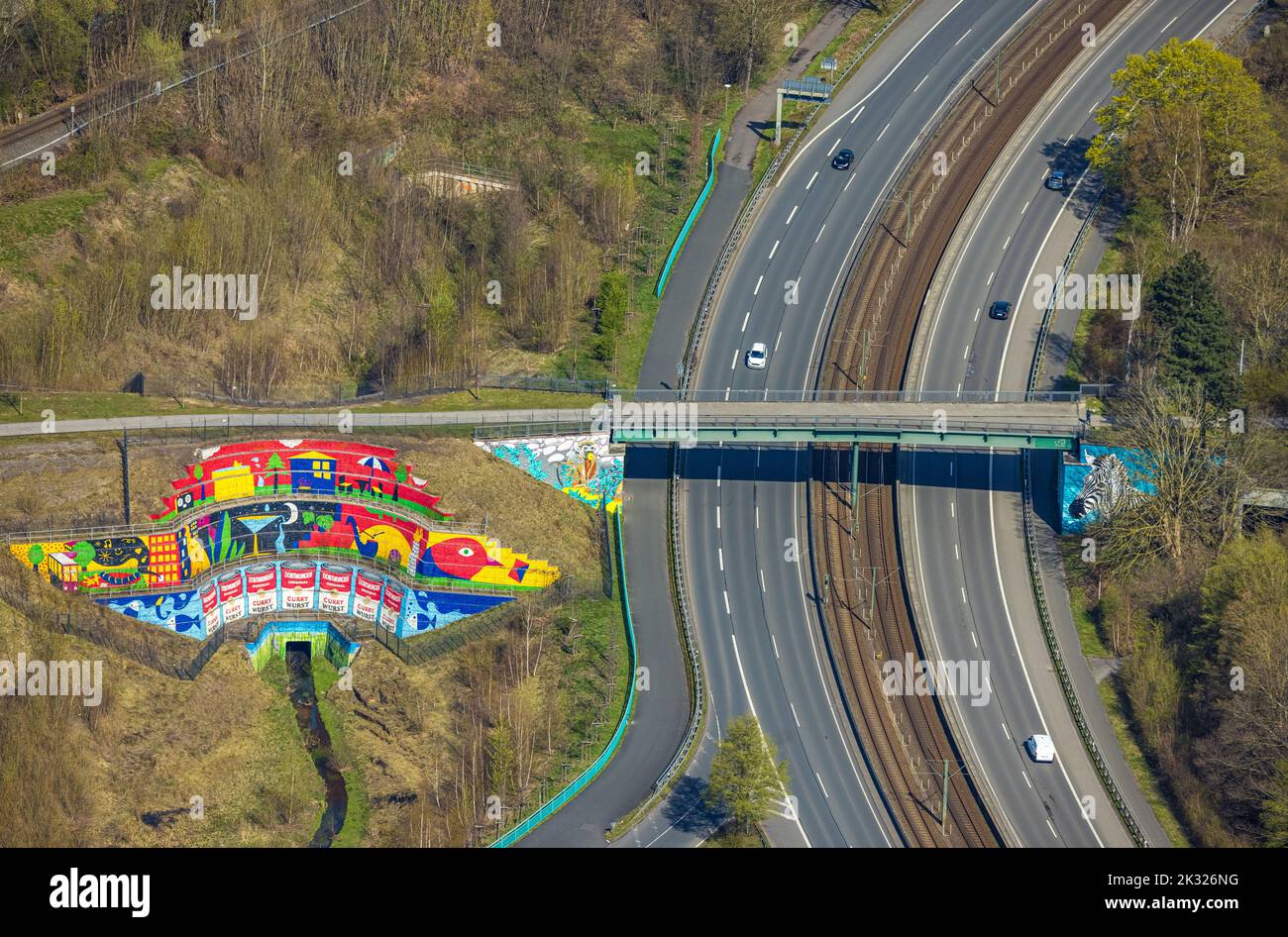 Aerial view, art painting on gabion wall, Schondelle Bachbrücke with advertisement Dortmunder Original Curry-Wurst, at the federal road B54, Rombergpa Stock Photo