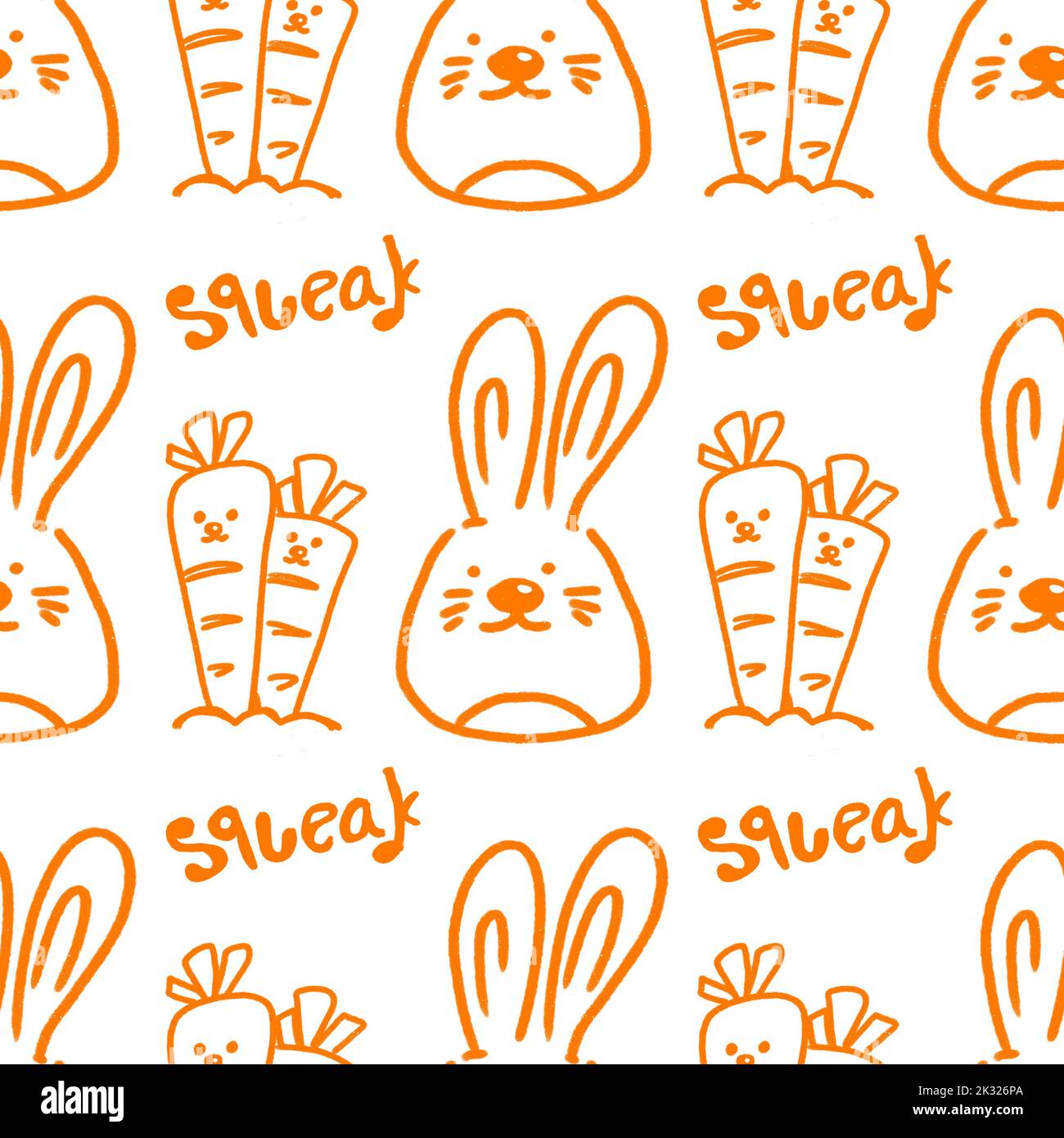 Seamless pattern of doodle cute rabbits and carrots, isolated orange- line on white background, dry brush, hand-drawn cute rabbit and carrot with its Stock Photo