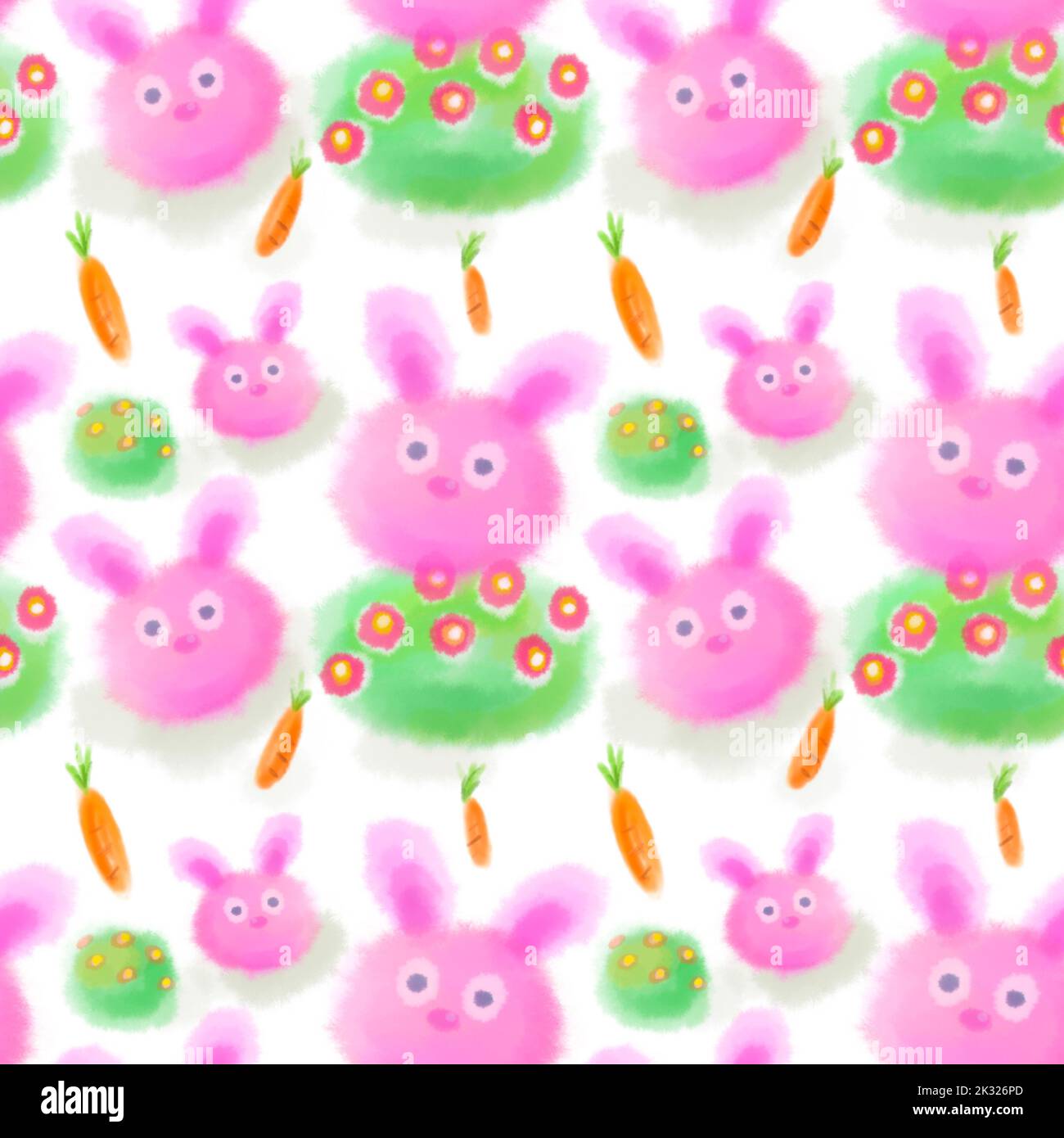 Seamless pattern of fluffy pink rabbits on white background with carrots, hand-drawn cute pink fluffy rabbits, green bush or shrub with flowers. Stock Photo
