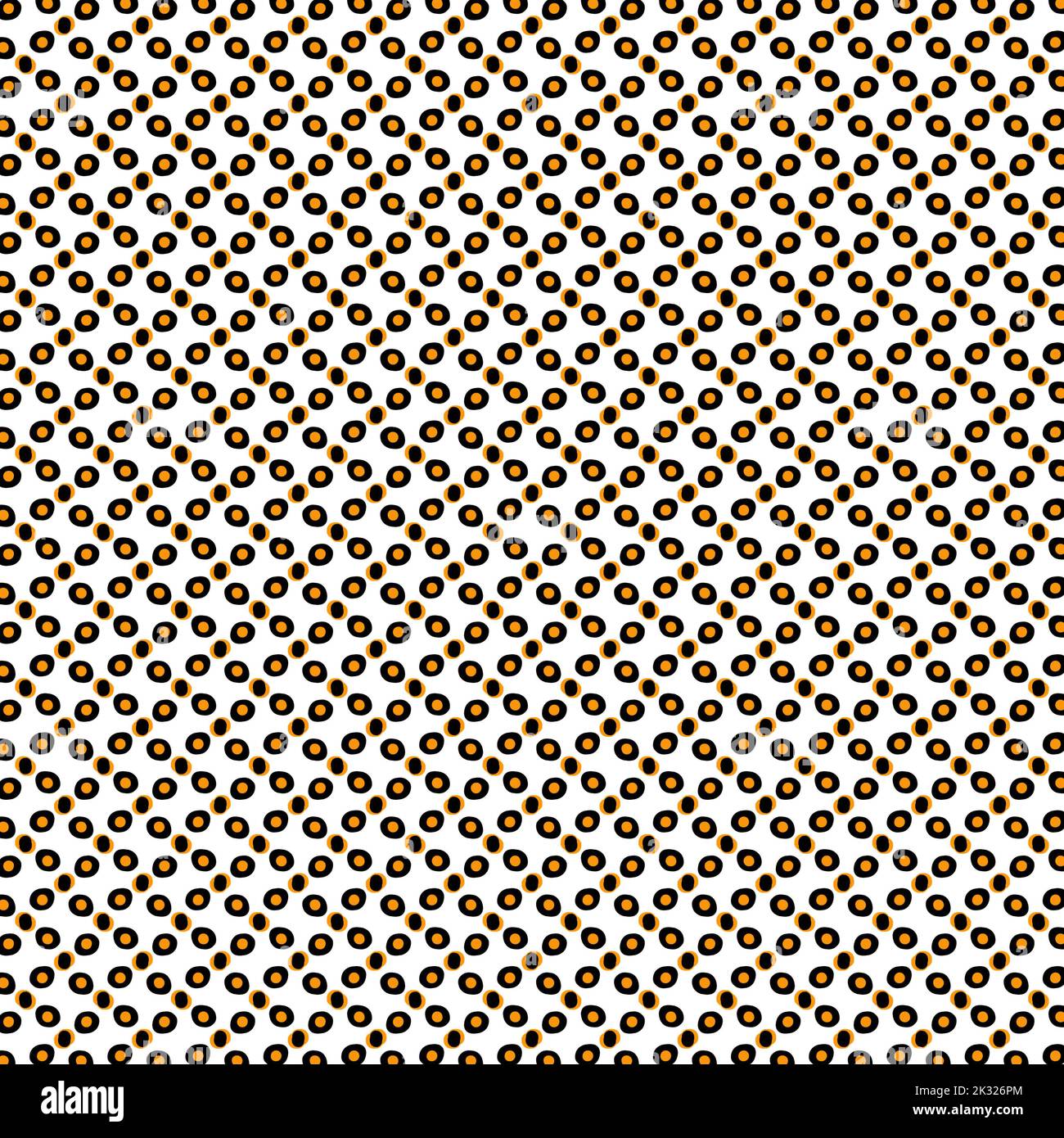 Seamless abstract pattern design with free-hand black dots and orange dots on white background, graphic pattern for textile, wallpaper or paper wrap Stock Photo