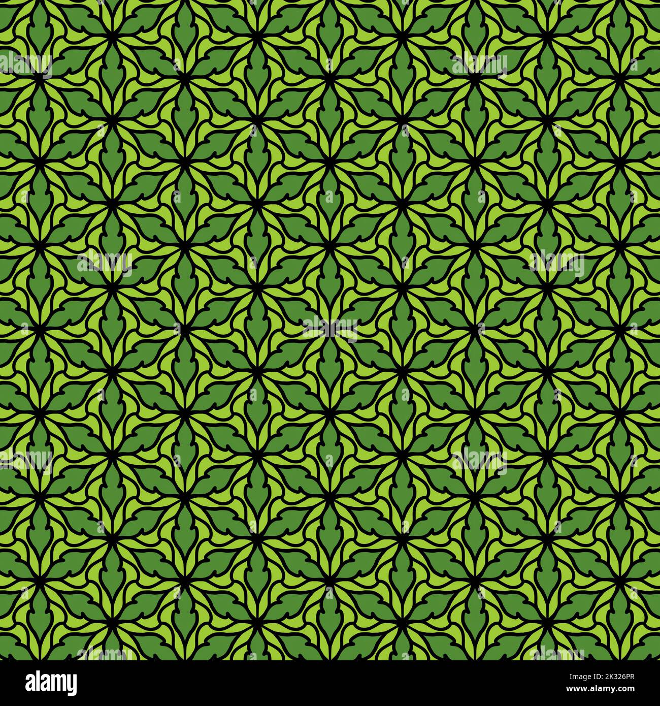 Seamless pattern of graphic leaves with Asia style arts, overall green with the black line of shape, vintage and luxury look. Stock Photo